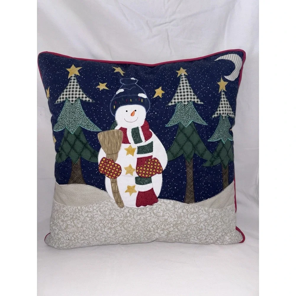 Christmas Snowman Pillow Reversible Navy Patchwork Applique Trees Red Trim 16